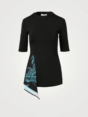 Knit Short Sleeve Top With Floral Schematics Print Godet