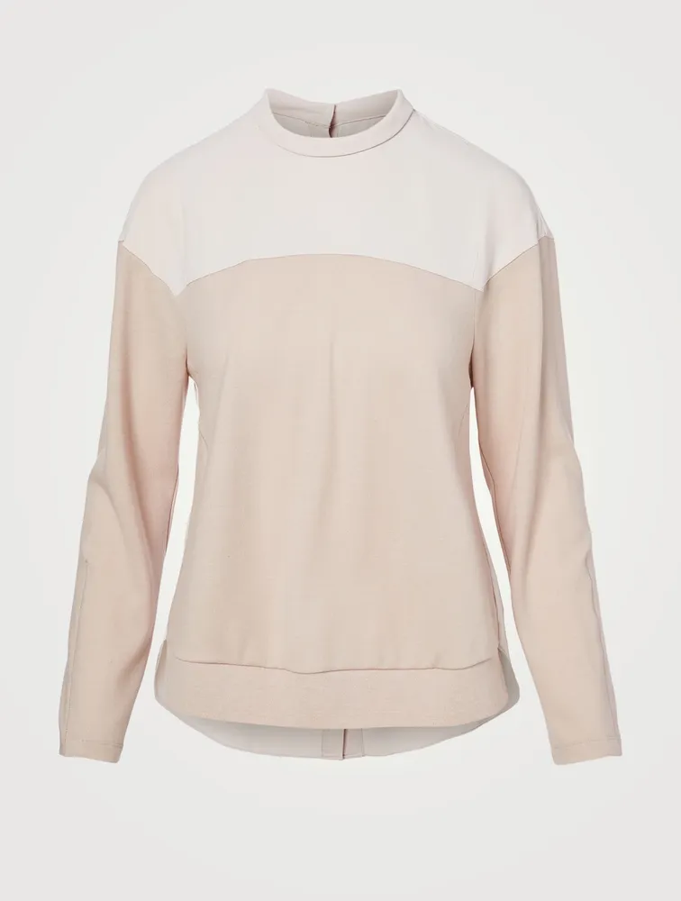 Wool-Blend Back Button Long-Sleeve Top