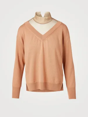 Tulle-Turtleneck Layered Wool-Blend V-Neck Sweater