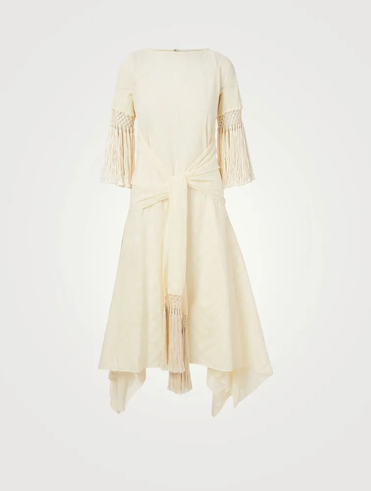 Scarf Fringed Cotton Midi Dress