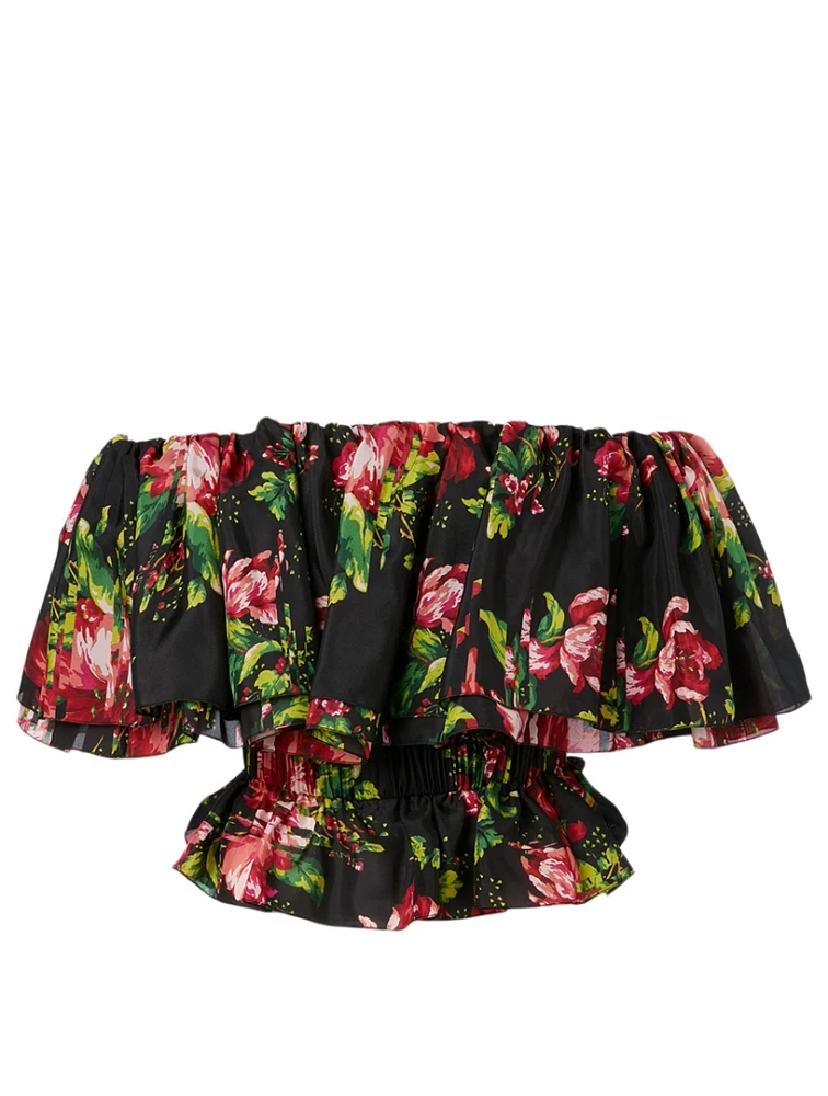 Silk Off-The-Shoulder Blouse Floral Print