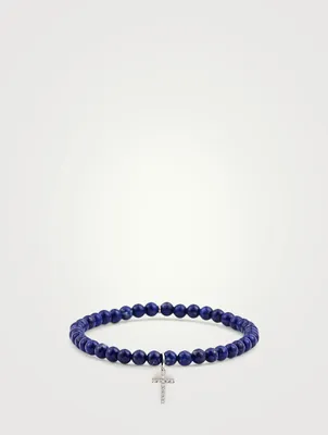 Lapis Beaded Bracelet With Small 14K White Gold Diamond Cross Charm