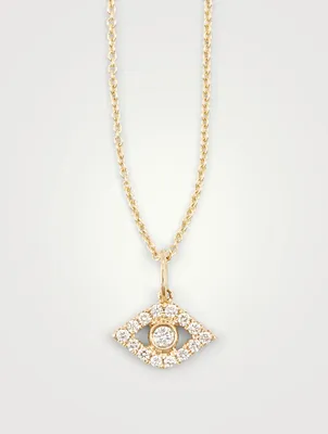 14K Gold Chain Necklace With Large Bezel Diamond Evil Eye Charm