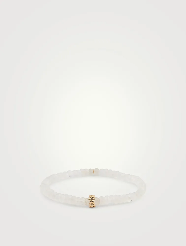 Rainbow Moonstone Beaded Bracelet With 14K Gold Diamond Tiny Daisy Rondelle