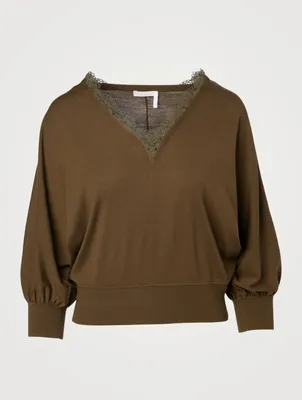 Wool Knit Top With Lace Trim