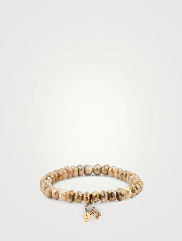 Golden Moonstone Beaded Bracelet With 14K Gold Diamond Lucky Charms