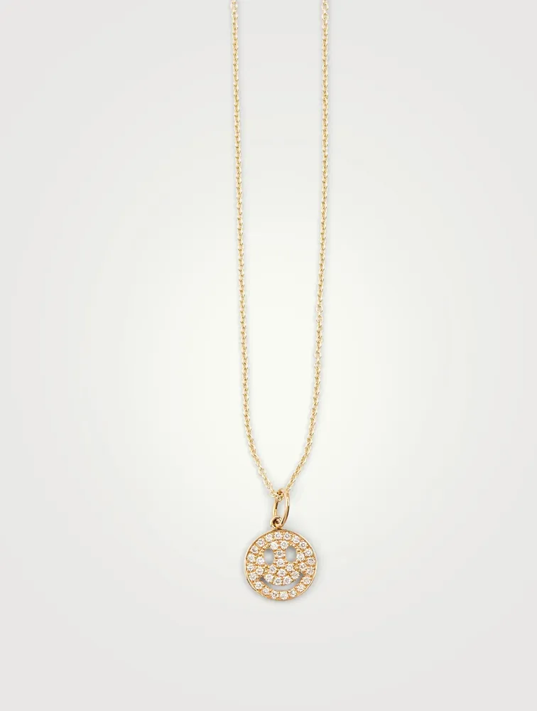 14K Gold Chain Necklace With Diamond Happy Face Charm