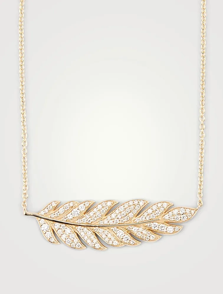 Large 14K Gold Feather Necklace With Diamonds