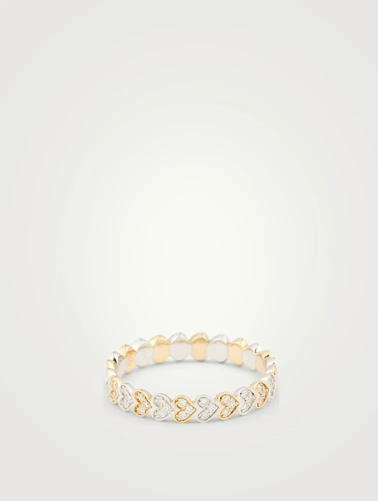 14K Yellow & White Gold Heart Eternity Ring With Diamonds