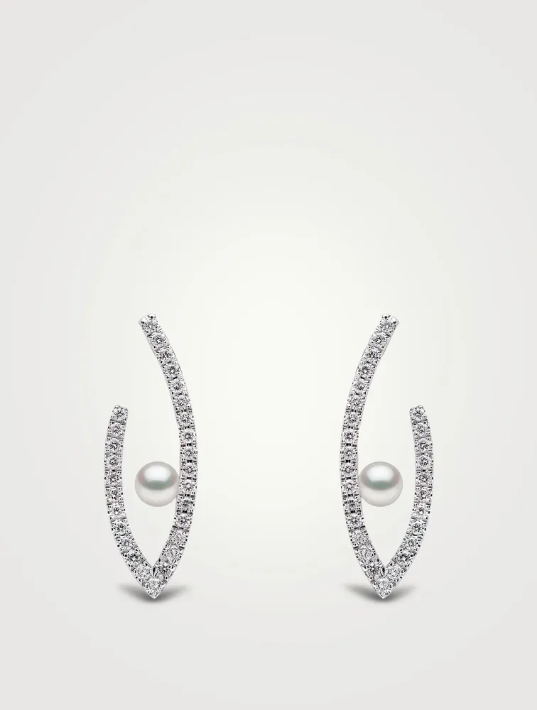 Sleek 18K White Gold Akoya Pearl Earrings With Diamonds
