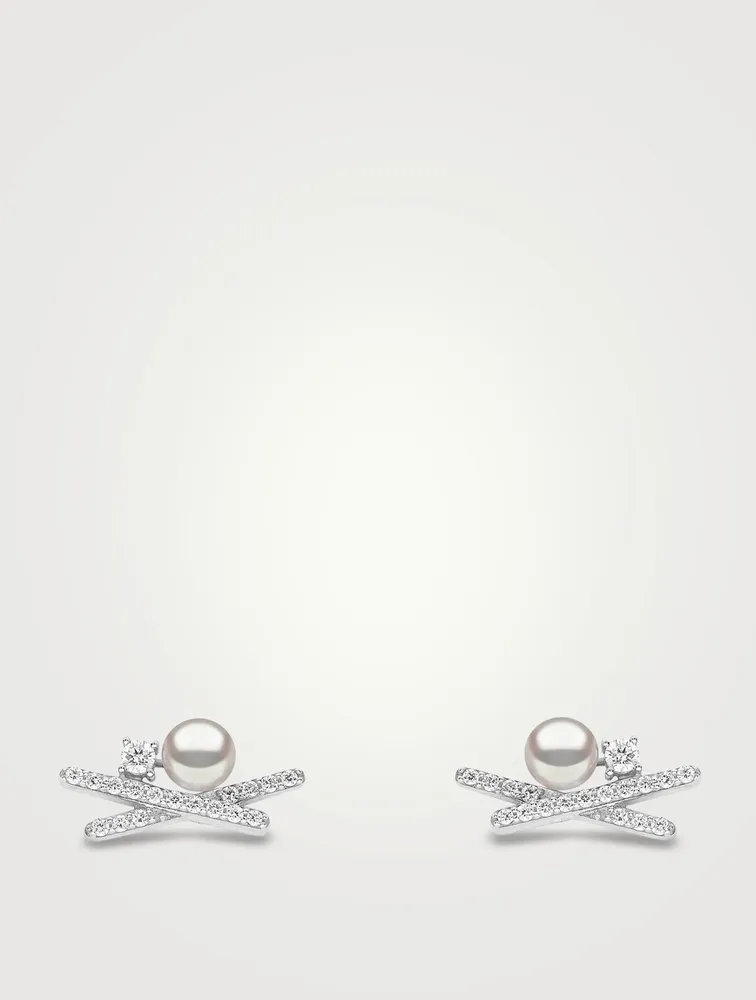 Sleek 18K White Gold Akoya Pearl Earrings With Diamonds