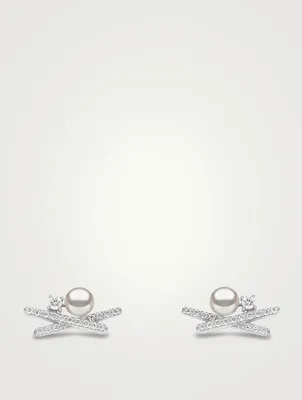 Sleek 18K White Gold Akoya Pearl Earrings With Diamonds