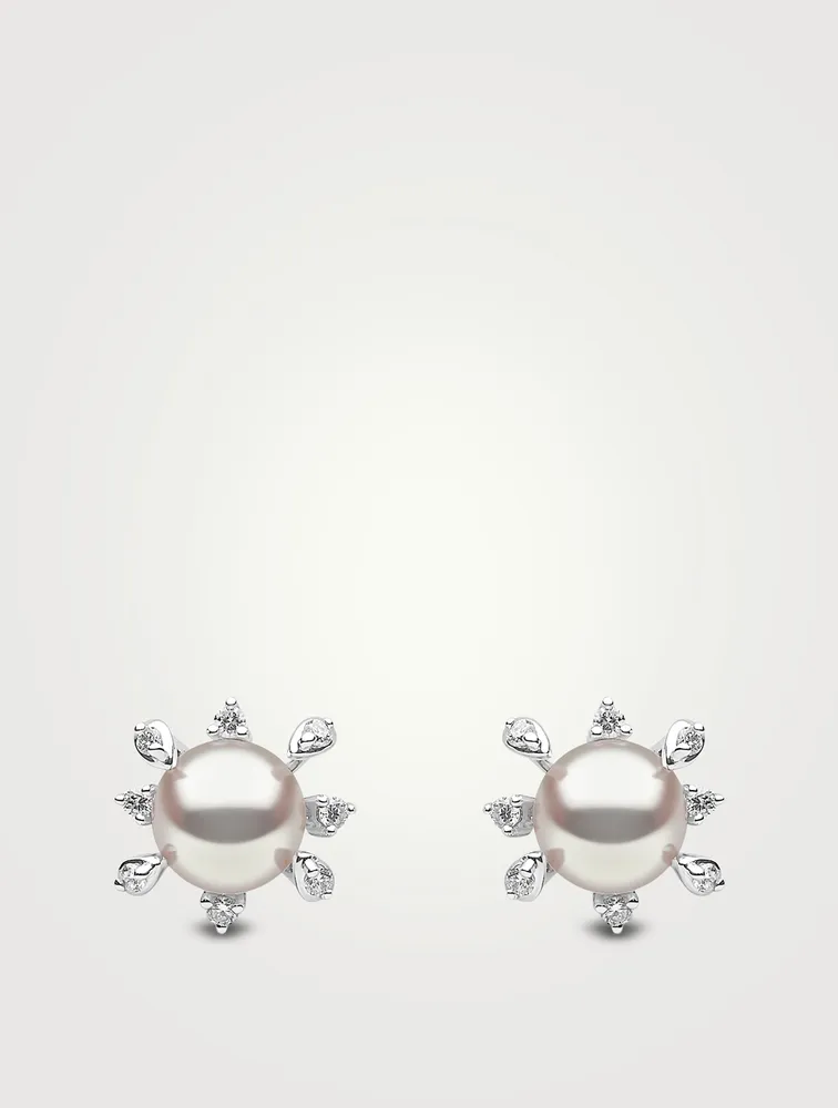 Trend 18K White Gold Pearl Cluster Stud Earrings With Diamonds