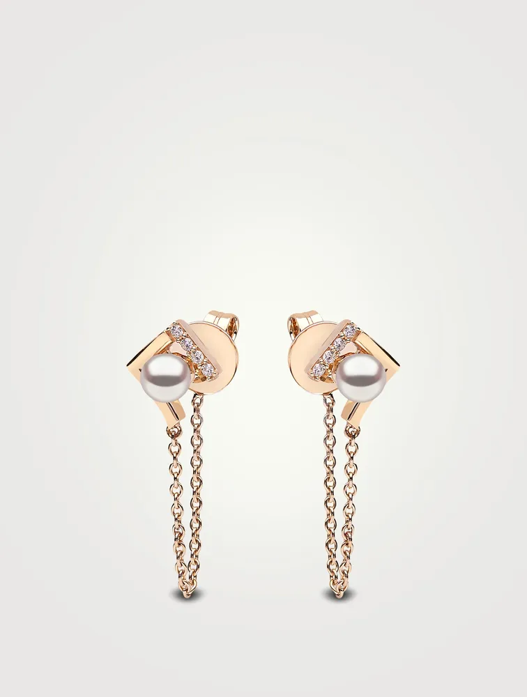 Trend 18K Gold Pearl Chain Drop Earrings With Diamonds