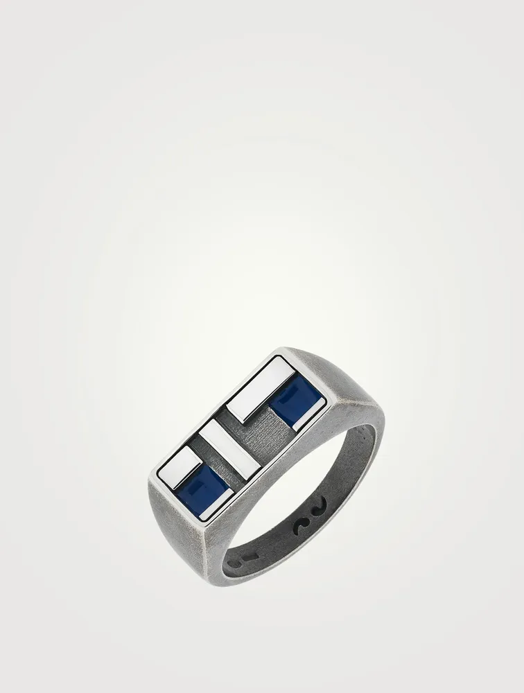 De Stijl Oxidized And Polished Silver Ring With Blue Enamel