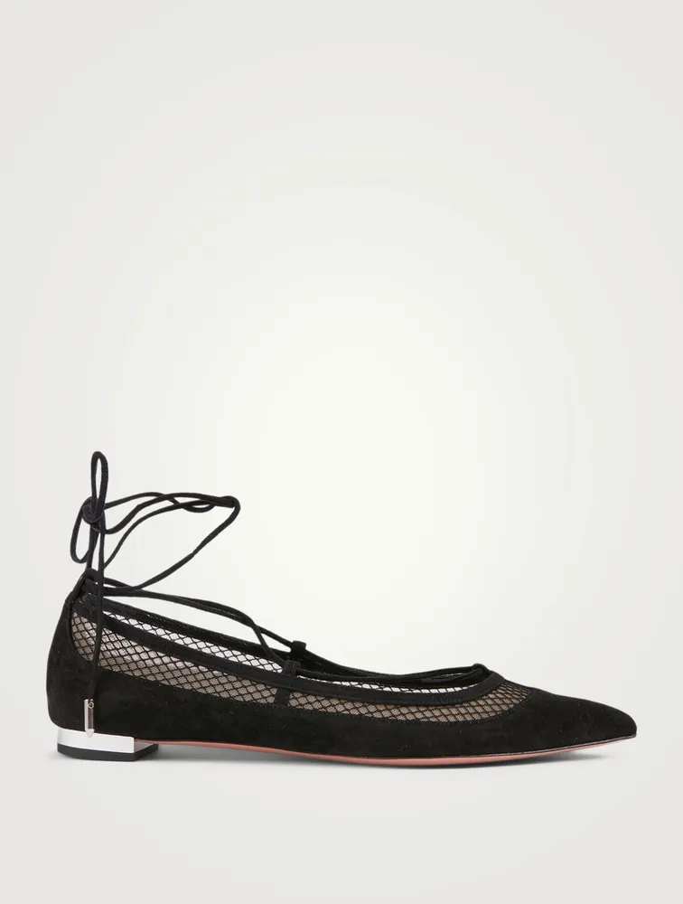 Dalia Suede And Mesh Ankle-Tie Ballet Flats