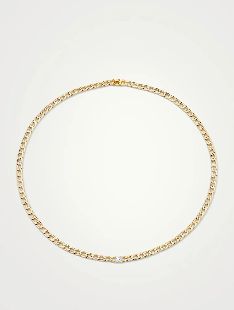 18K Gold Cuban Link Necklace With Round Diamond