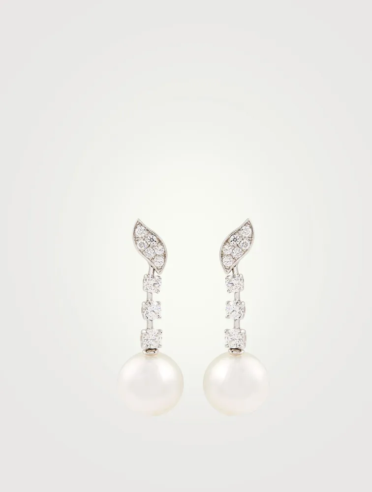 18K White Gold Drop Stud Earrings With Pearls And Diamonds