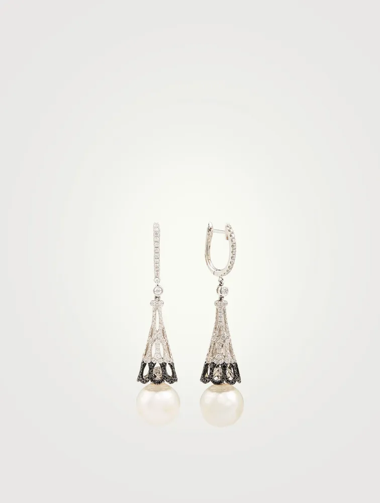 18K White Gold Drop Earrings With Pearls And Diamonds