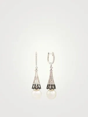 18K White Gold Drop Earrings With Pearls And Diamonds