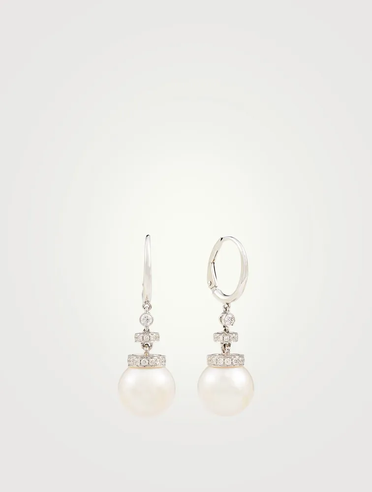 18K White Gold Drop Earrings With Pearls And Diamonds