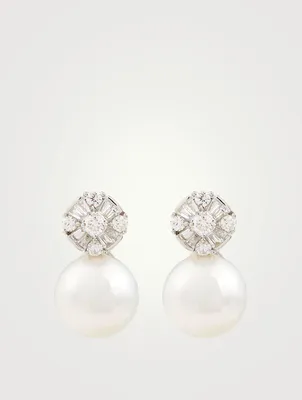 18K White Gold Stud Earrings With Pearls And Diamonds