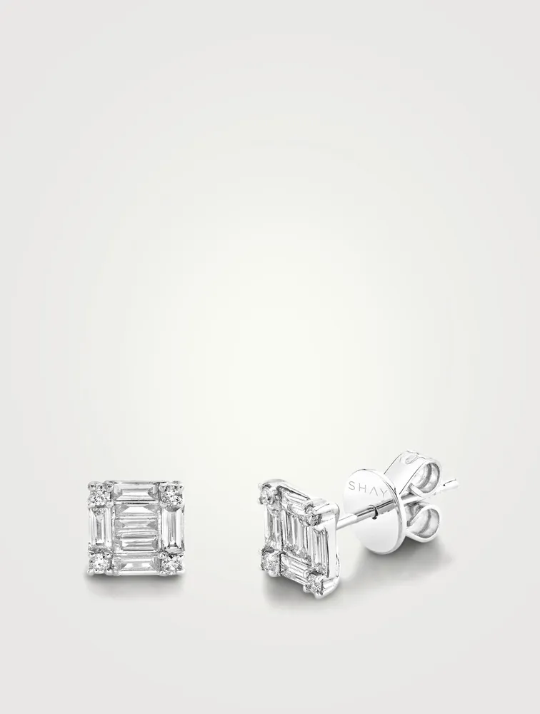 Mini 18K White Gold Square Stacked Baguette Diamond Stud Earrings