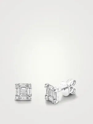 Mini 18K White Gold Square Stacked Baguette Diamond Stud Earrings