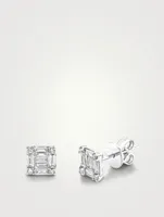Mini 18K White Gold Square Stacked Baguette Diamond Stud Earrings