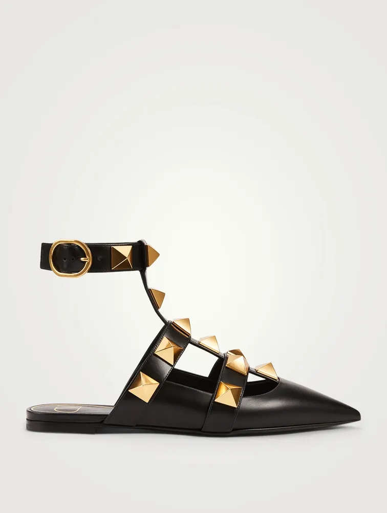 Roman Stud Leather Ankle-Strap Ballet Flats