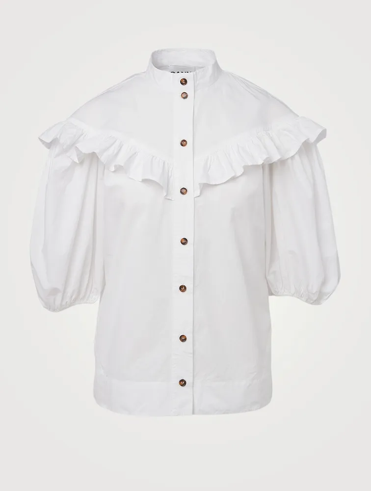 Organic Cotton Poplin Frilled Button-Up Blouse