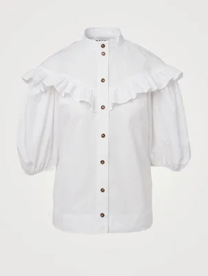 Organic Cotton Poplin Frilled Button-Up Blouse