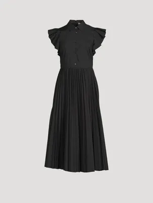 Pleated-Skirt Midi Shirt Dress