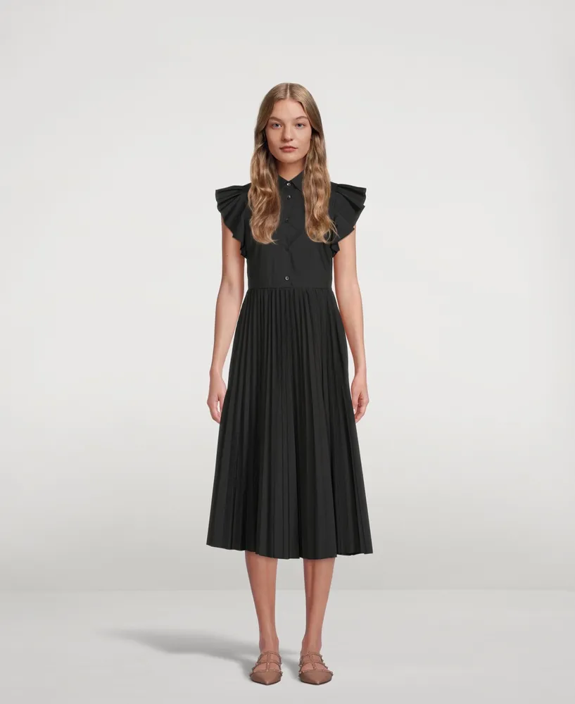Pleated-Skirt Midi Shirt Dress