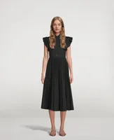 Pleated-Skirt Midi Shirt Dress