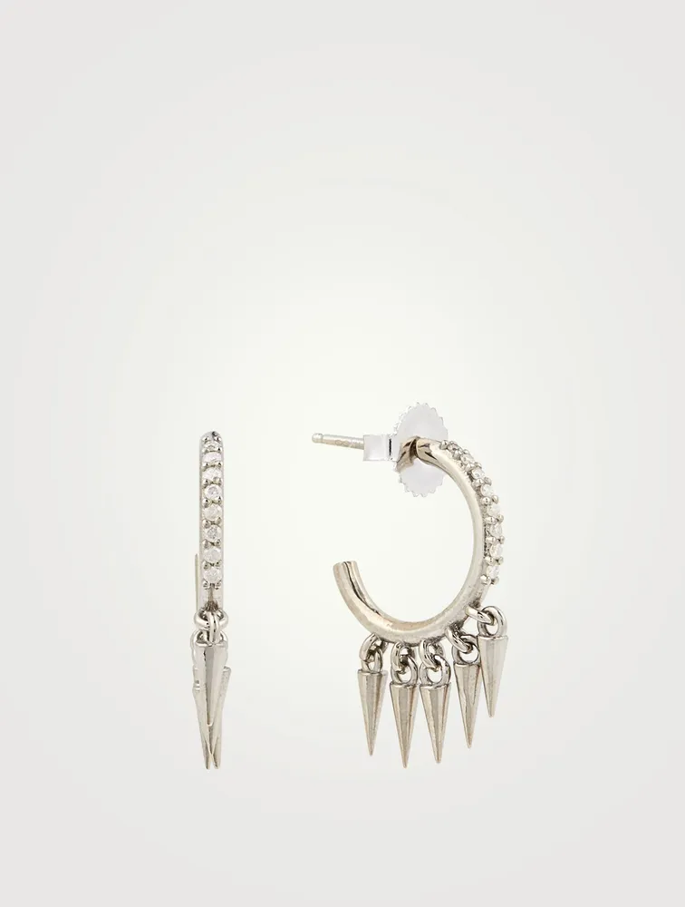 Silver Spike Dangle Hoop Earrings With Diamonds