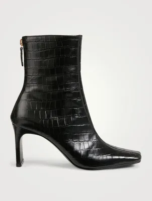 Trim Croc-Embossed Leather Heeled Ankle Boots