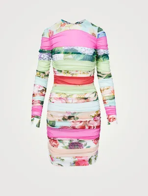 Silk Stretch Mini Dress Floral Patchwork Print