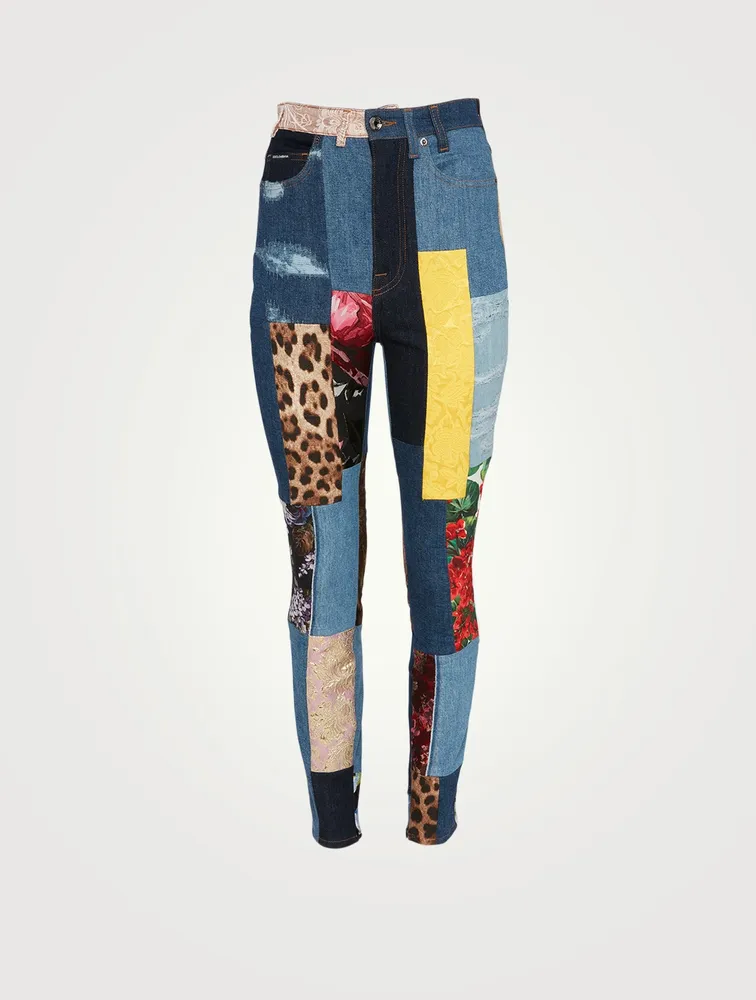 Patchwork Jacquard High-Waisted Jeans