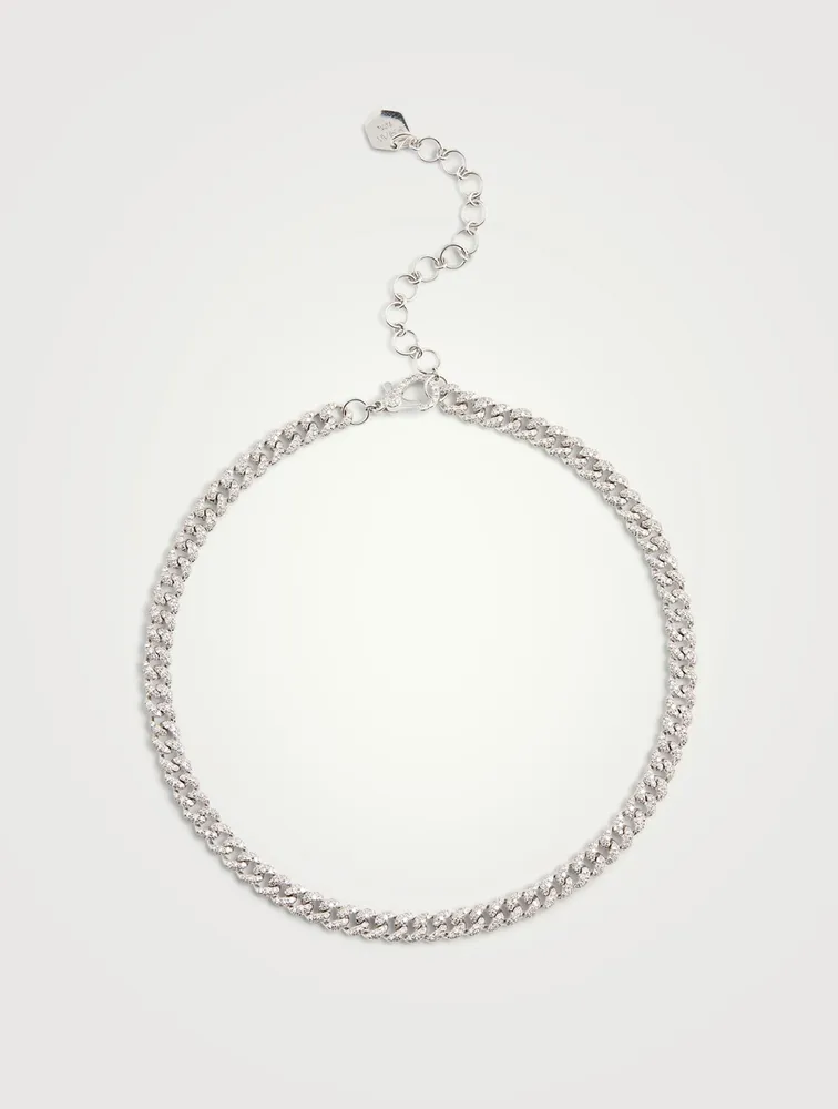 Mini 18K White Gold Link Choker Necklace With Diamonds