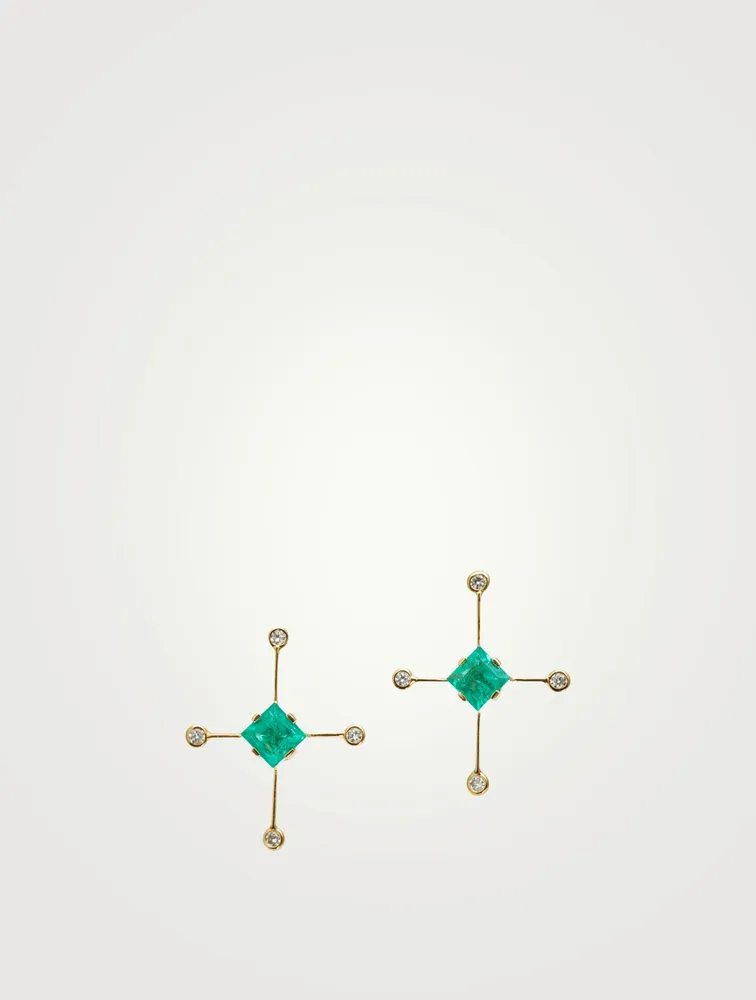 18K Gold Supernova Earrings With Emerald And Diamonds