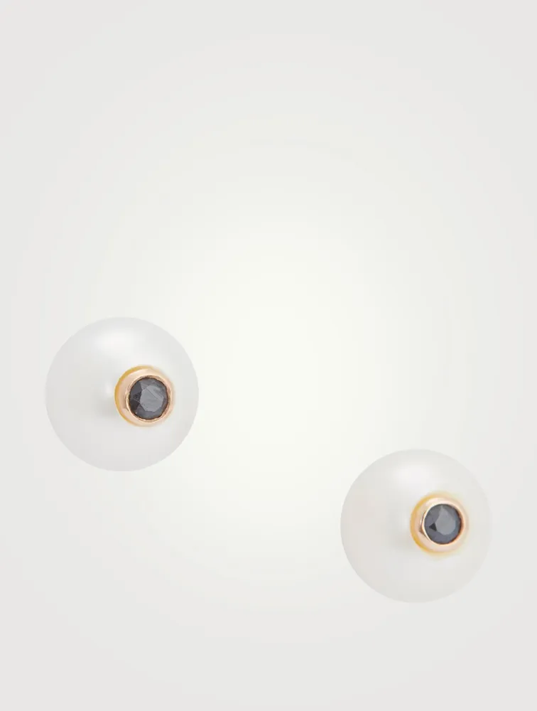 14K Gold Pearl Stud Earrings With Diamonds