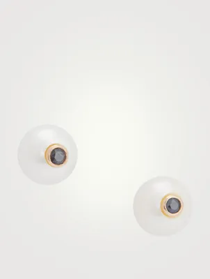 14K Gold Pearl Stud Earrings With Black Diamonds