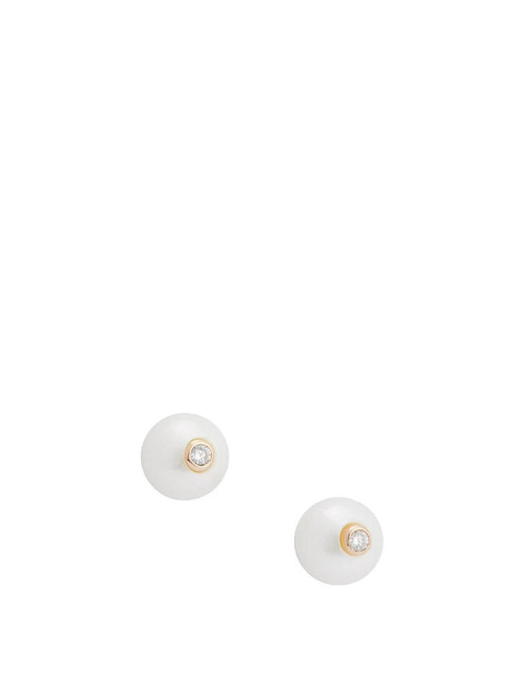 14K Gold Pearl Stud Earrings With Diamonds