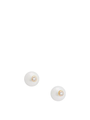 14K Gold Pearl Stud Earrings With Diamonds