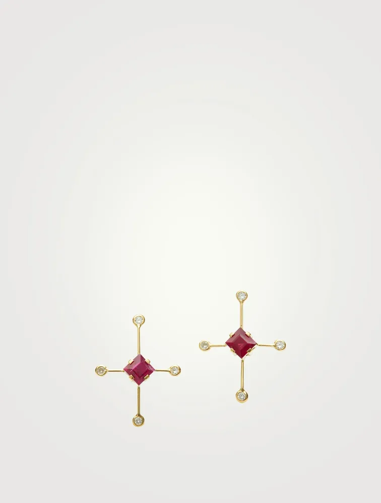 18K Gold Supernova Earrings With Rubies