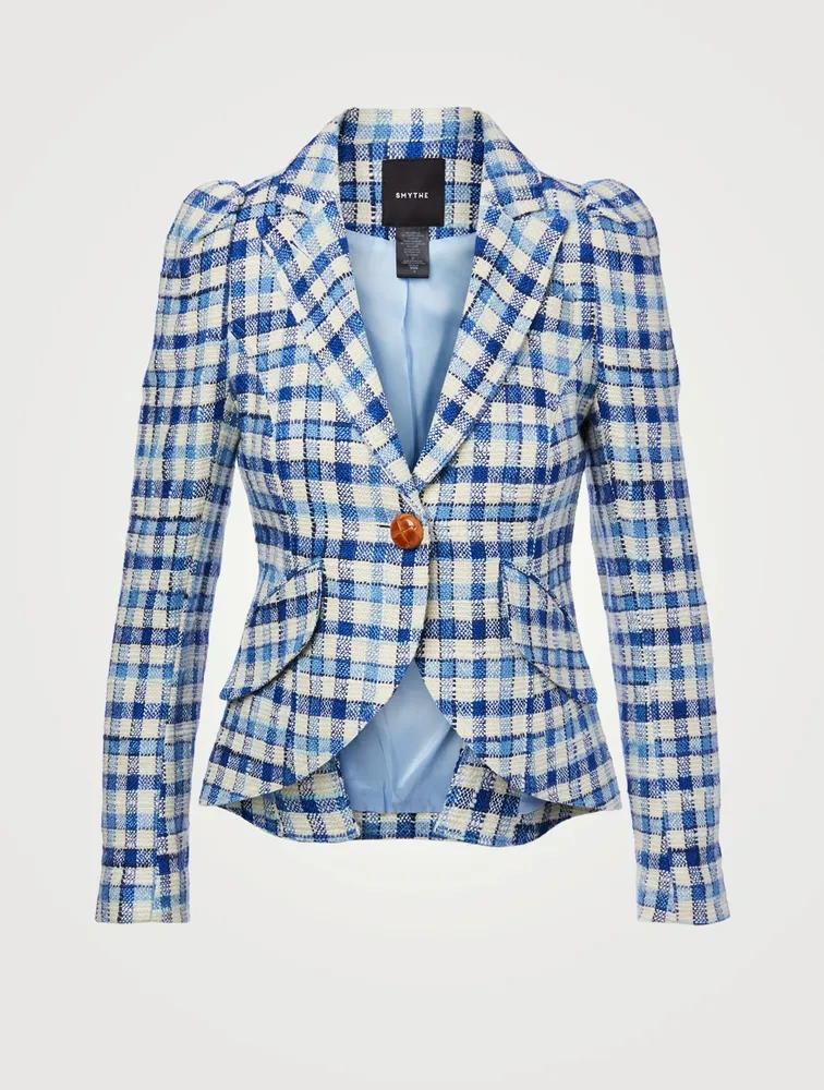 Linen-Blend Pouf-Sleeve Blazer Check Print