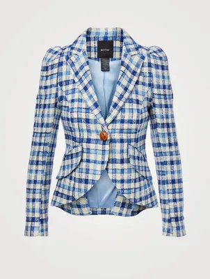 Linen-Blend Pouf-Sleeve Blazer Check Print