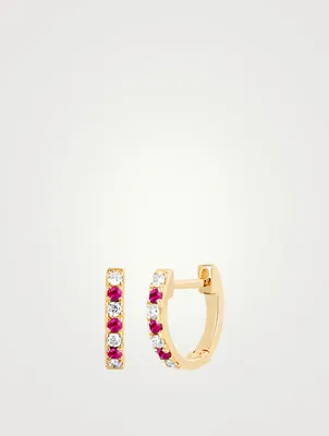 Mini 14K Gold Huggie Hoop Earring With Diamonds And Ruby