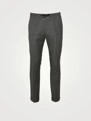 Wool Drawstring Pants Windowpane Print